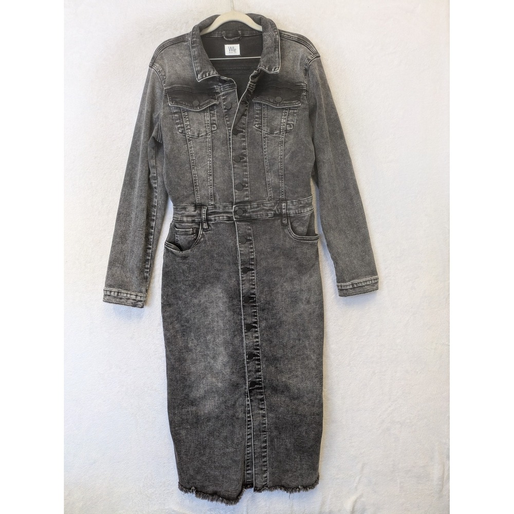 Wash Lab Denim Dress Women's M Gray Acid Wash Button Front Raw Hem Midi
